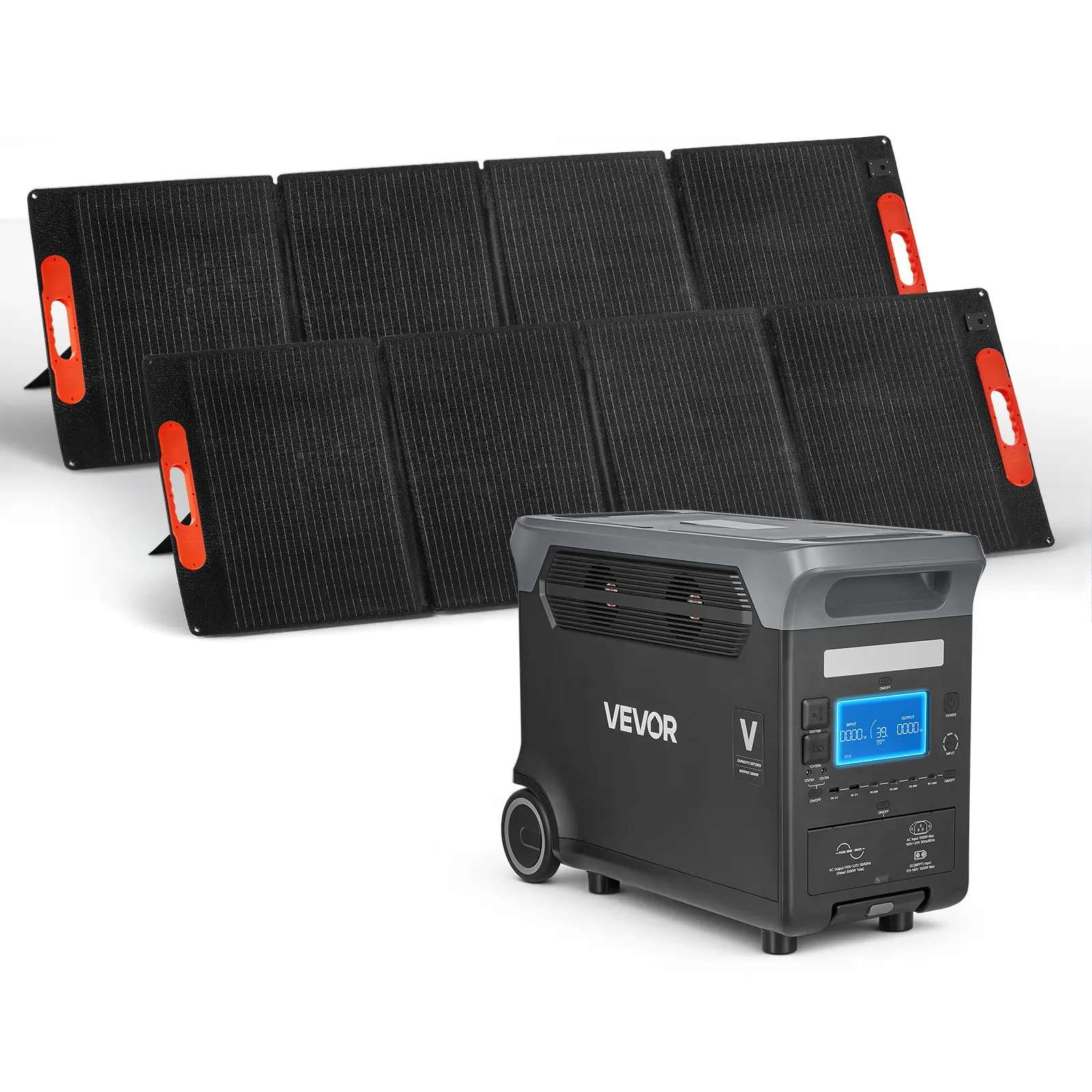 VEVOR Solar-Powered Portable Power Station with 2x200W Panels, 3000W Generator, 3072Wh LiFePO4 Battery Backup, 15 Output Ports, AC Supply for Camping Users (Outdoor, RV, Emergency Needs)