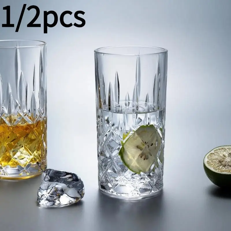 European Style Embossed Whiskey Glass Cup, Vintage Vertical Groove Cut Spirits Cup, Large Capacity Thick Bottom Tumbler, Home Bar Ktv Use