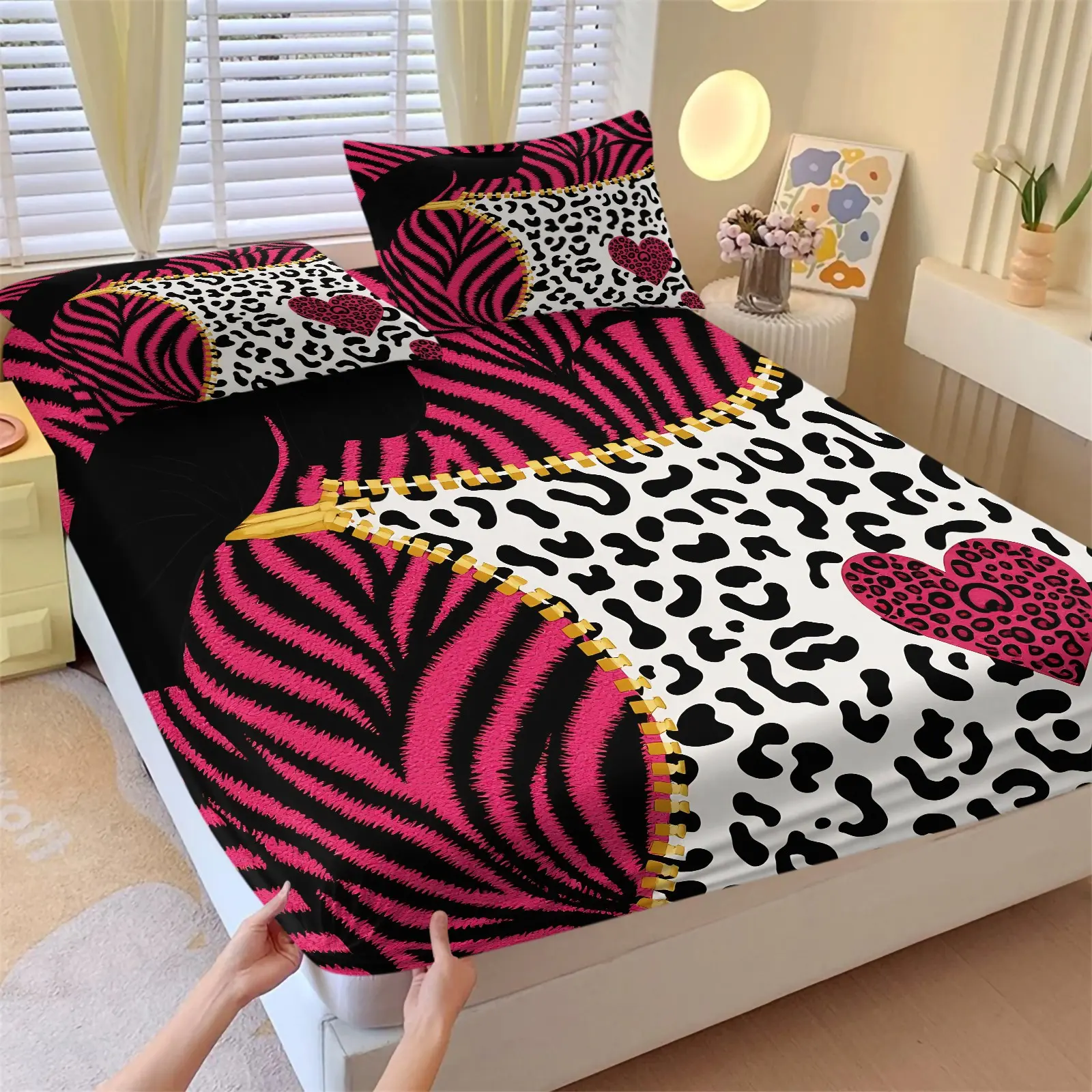 Y2K Pink Leopard-Zebra Print Fitted Sheet Set, 1 Fitted Sheet & 2 Pillowcase Bedding Set Bed Sheets Set No Filling, Trendy Aesthetic Bedding Decor Gift for Teen Girls Women Bedroom Dorm Apartment
