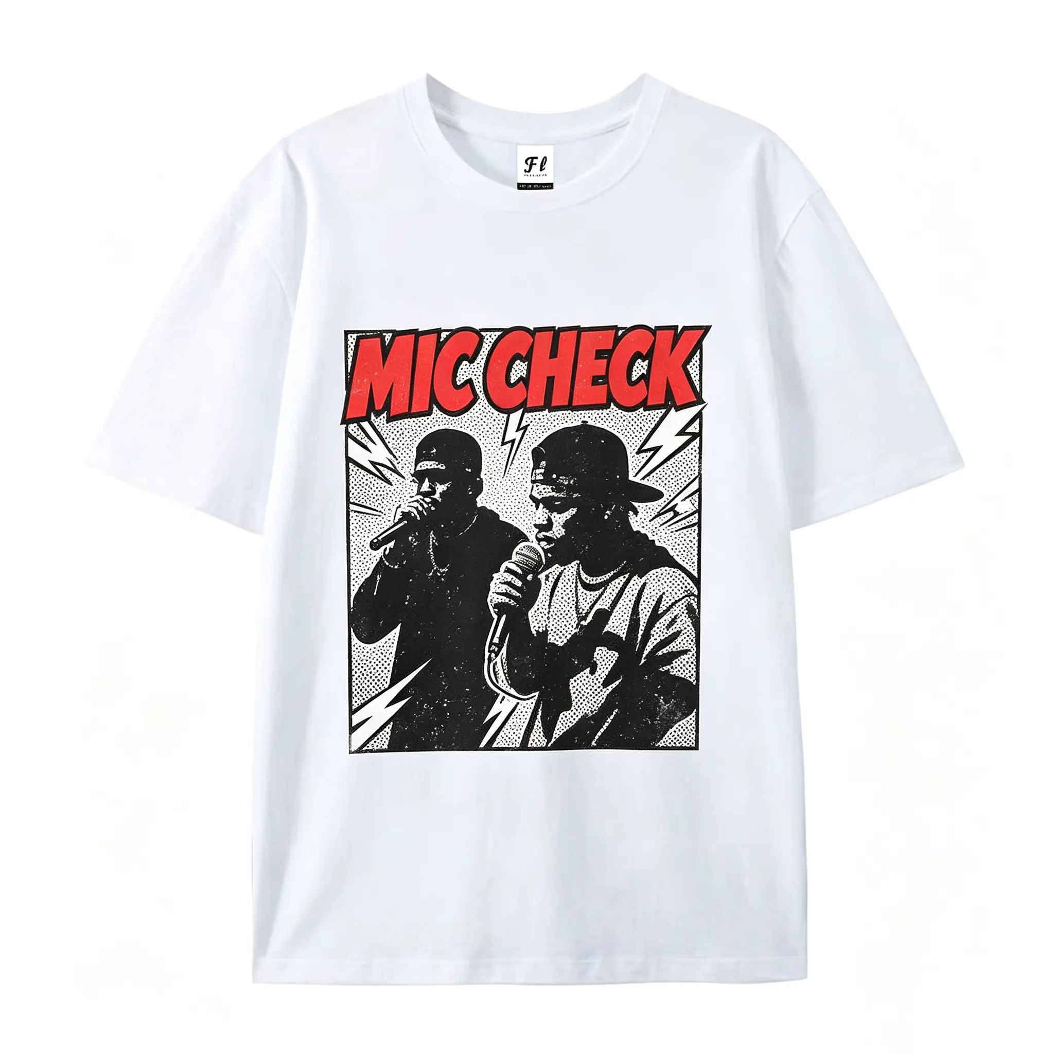 90s Hip Hop Comic Tee – "Mic Check" Retro Rapper Graphic with Microphone & Halftone Lightning Effect, Boom Bap Streetwear Cotton Shirt, SummerVibes Perfect Gift For Rap Fans, Best Music Festival Outfit, Cool White Print Top