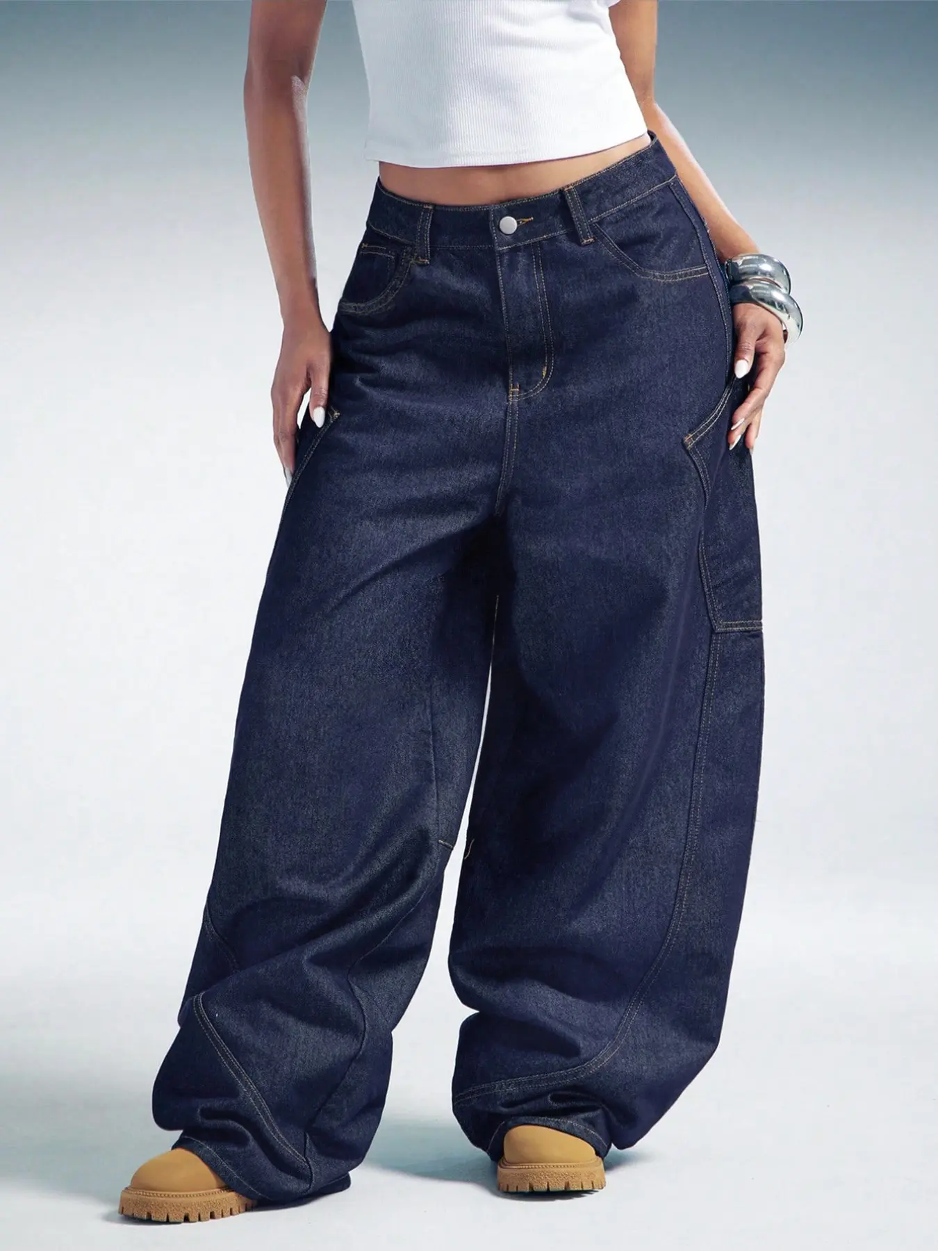 Lkuily cargo jeans deconstructed denim raw dark denim high waist banana pants baggy wide leg trousers sophisticated women outfits streetwear daily commute club party weekend vacation concert street photography elegant style modern chic wardrobe staple