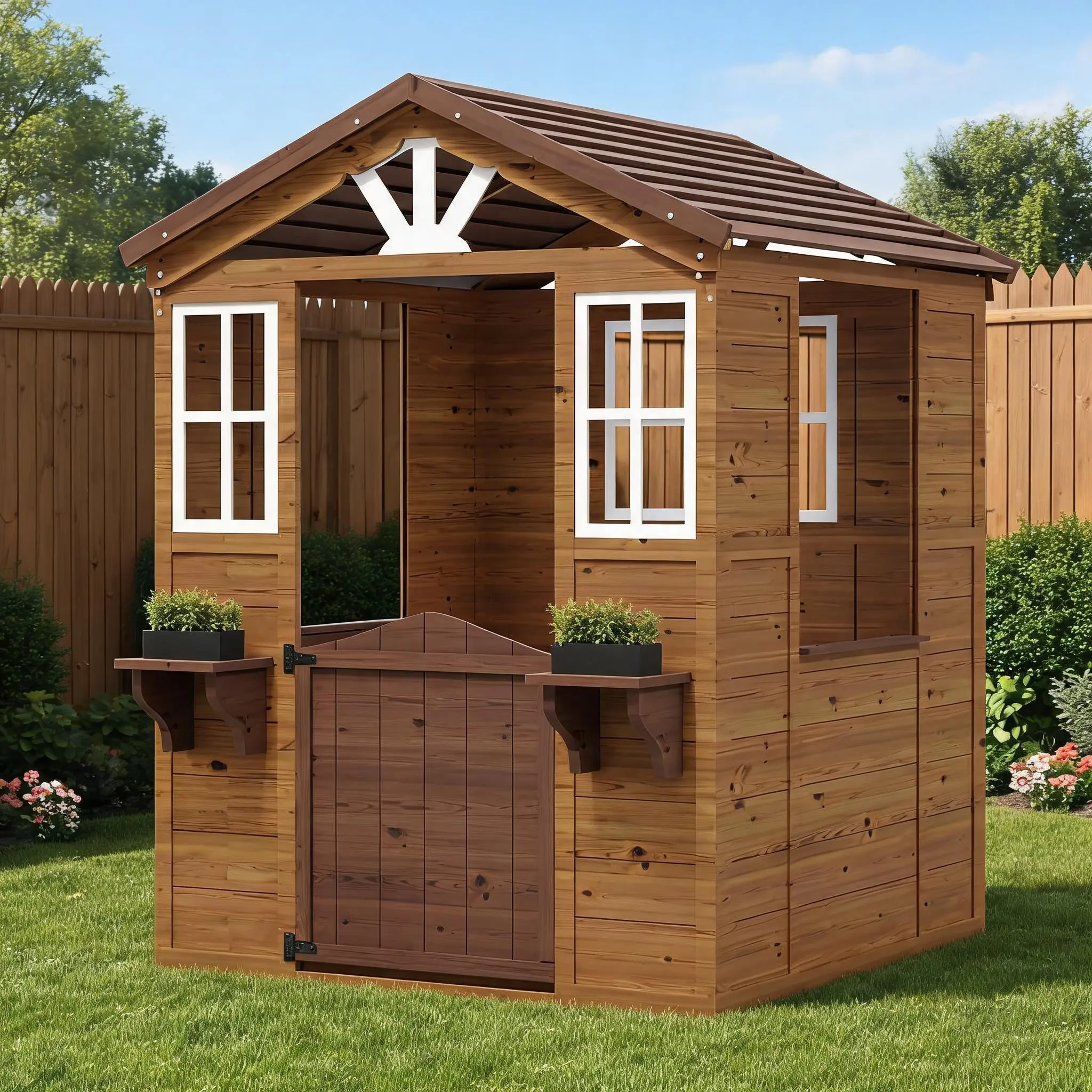 Outdoor Wooden Playhouse with Play Kitchen, Weather-Resistant Fir Wood House with Flowerpot Holders & Working Door, for Ages 3-12, 44"x46"