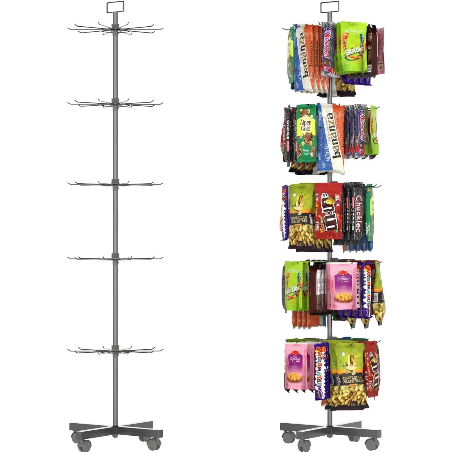 Retail Display Racks 5 Tier Spinning Display Stand, Movable Shop Spinner Rack with Hooks, Retail Display Stand for  Keyring Hats Socks Toys (Black)