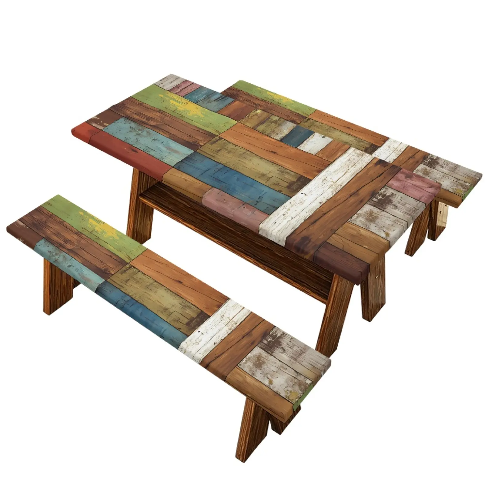 Rustic Camping Stretch Picnic Table Cover Kit 1 Tablecloth + 2 Bench Slipcovers Retro Camper Wood Plank Pattern Elastic Fitted Waterproof Anti Spill Protector for 72x30Inch Outdoor Patio Camping Family Road Trip Washable Countryside Decor