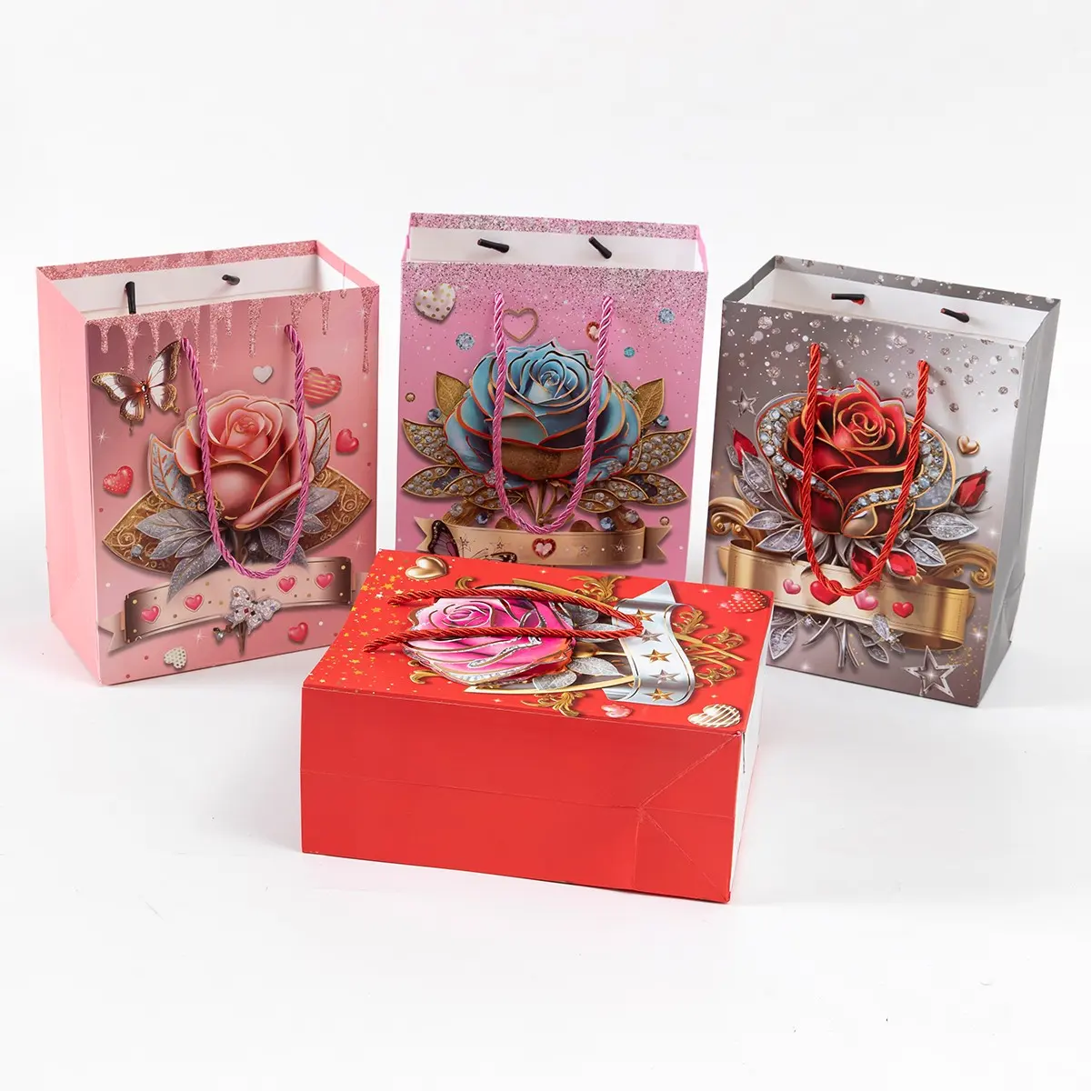 Vintage Courtly Style Gift Bag, Luxurious Jewelry Rose Illustration, Thick Card Stock, Durable, 12 Pack, 18x10x23cm, Perfect for Gifts