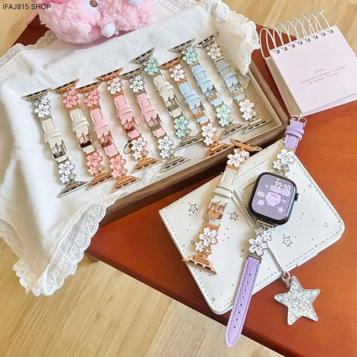 Plum Blossom Female Band, Stylish Leather and Spliced Metal Replacement Wristband for Watches, Watch Strap, Adjustable Size, Daily Wear, 1 #Beige + Silver White Flower, Belt-Watch Style Watch Straps