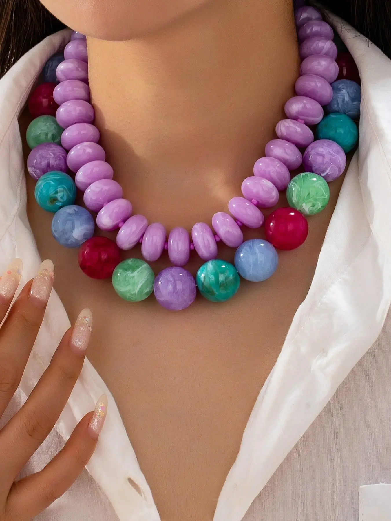 2Pcs Colorful Chunky Resin Beaded Statement Necklace for Women - Purple & Multicolor Marbled Acrylic Bead Choker, Bold Summer Fashion Jewelry (Marbled Acrylic/Resin Beads, Purple-Dominant Multicolor Design, Oversized Chunky Style)