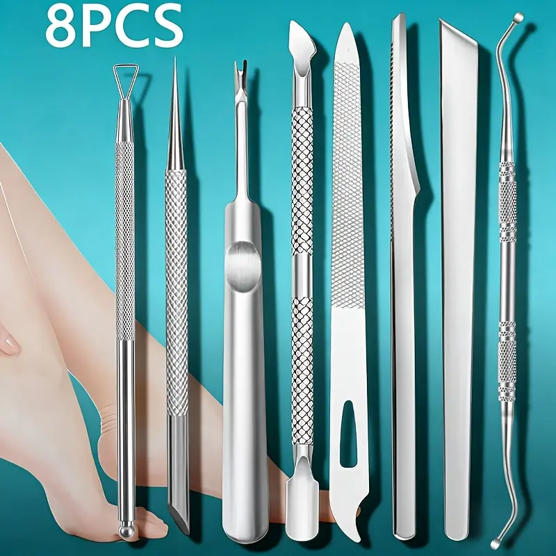 8pcs Professional Manicure Pedicure Tool Set Suitable for Treating, Ingrown Toenails & Hangnails, Complete Nail Care Kit with Cuticle Fork, Needle, Pusher, Cutter, File, Pedicure Knife & Ingrown Nail Tool for or Salon Use
