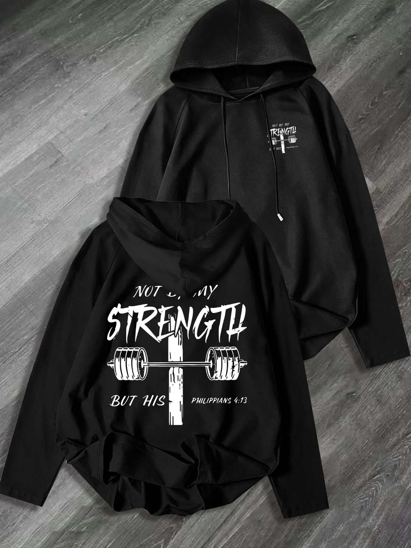 Men's Fitness Hooded Long Sleeve T-Shirt, Drawstring Pullover, Dumbbell Print, Loose Fit, Ideal for Gym Training and Daily Wear, Activewear Gym