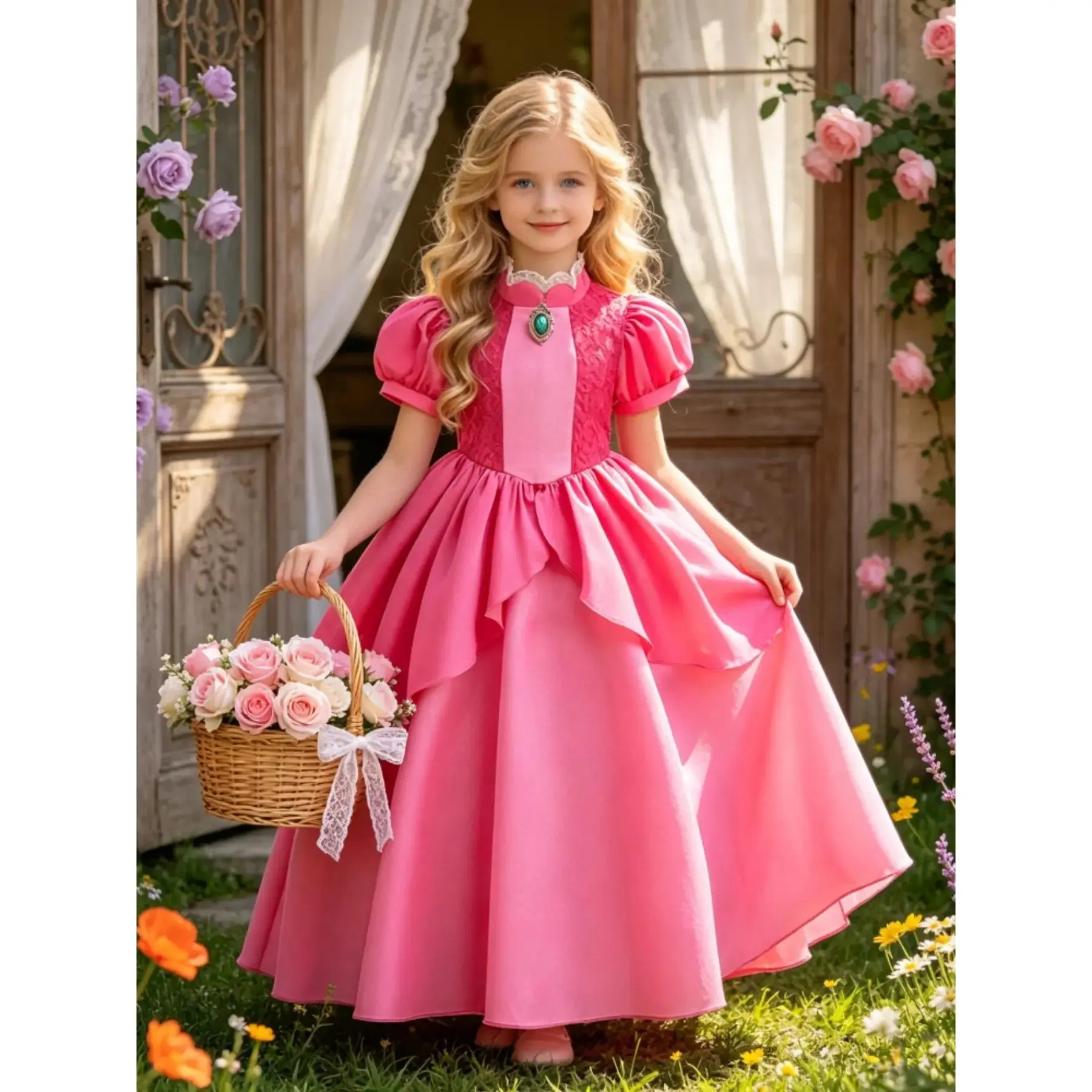 Girls' Princess Dress with Lace Paneling and Puff Sleeves Children's Princess Peach Costume Dress Dress Up Gown