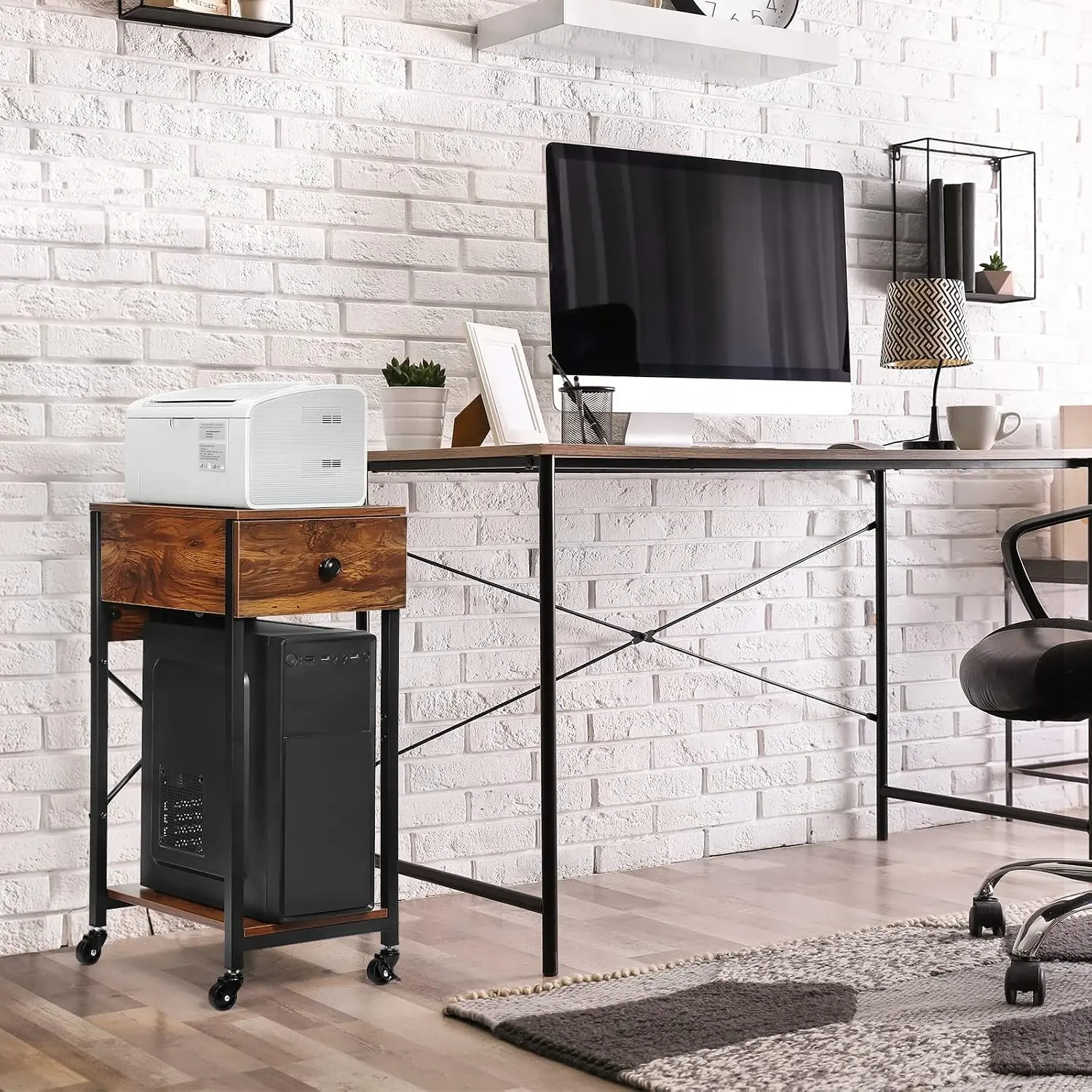 Rectangular Durable Mobile Office Rolling Printer Stand with Drawers, Lockable Castors, Metal Frame, PC Tower Stand - Adults' Under Desk Rack, Modern Home Decor Dad Gift (15.3"l x 11.4"w x 26.9"h) for Fax/Copier/Scanner, Space-Saving, Assembly Required