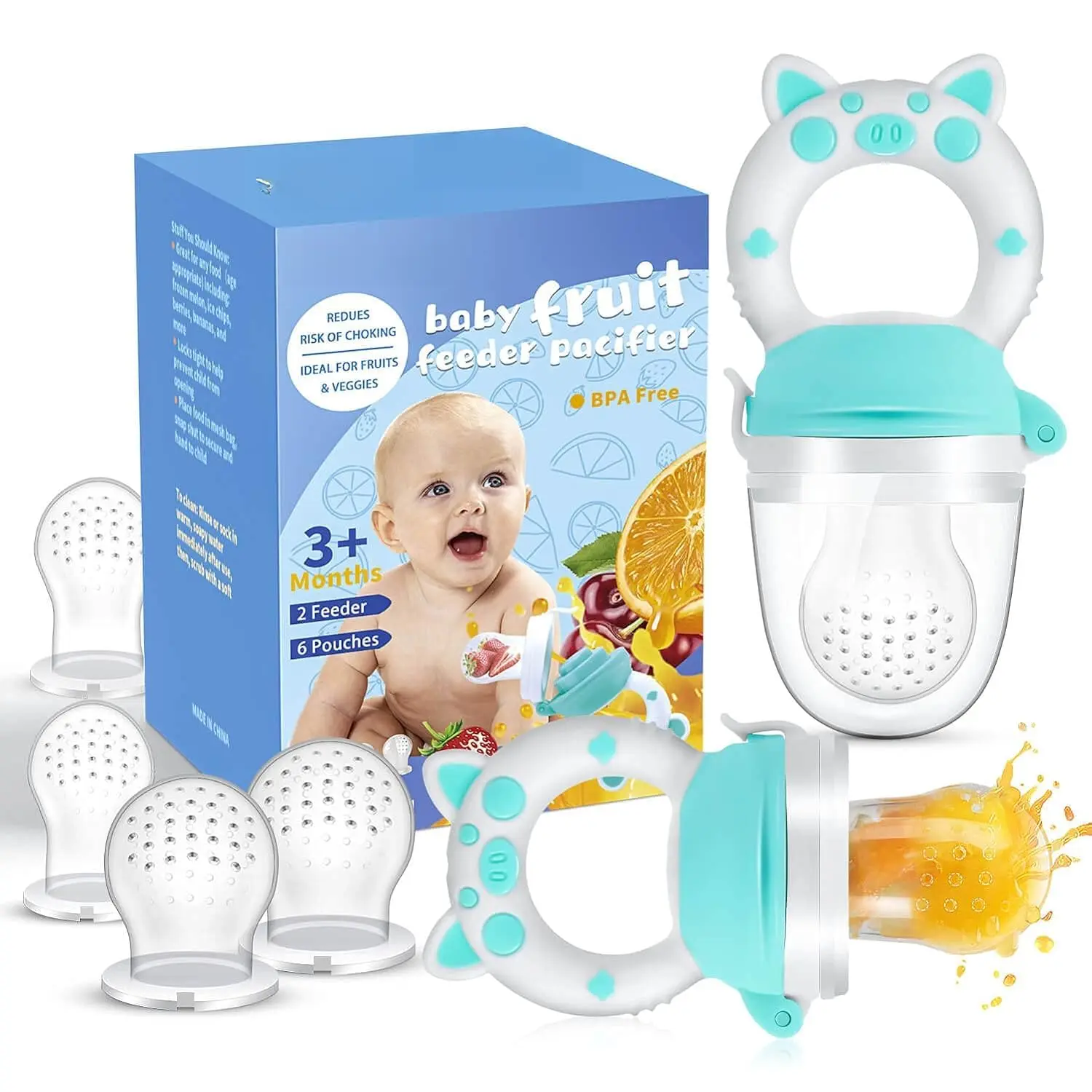 Baby Fruit Food Feeder Pacifier - Fresh Teething Pacifiers, Infant Fruit Teething Teether Toy  3-24 Months, 6 Pcs Silicone Pouches  Toddlers & Kids & Babies, Piggy Handle 2-Pack (Blue) New model