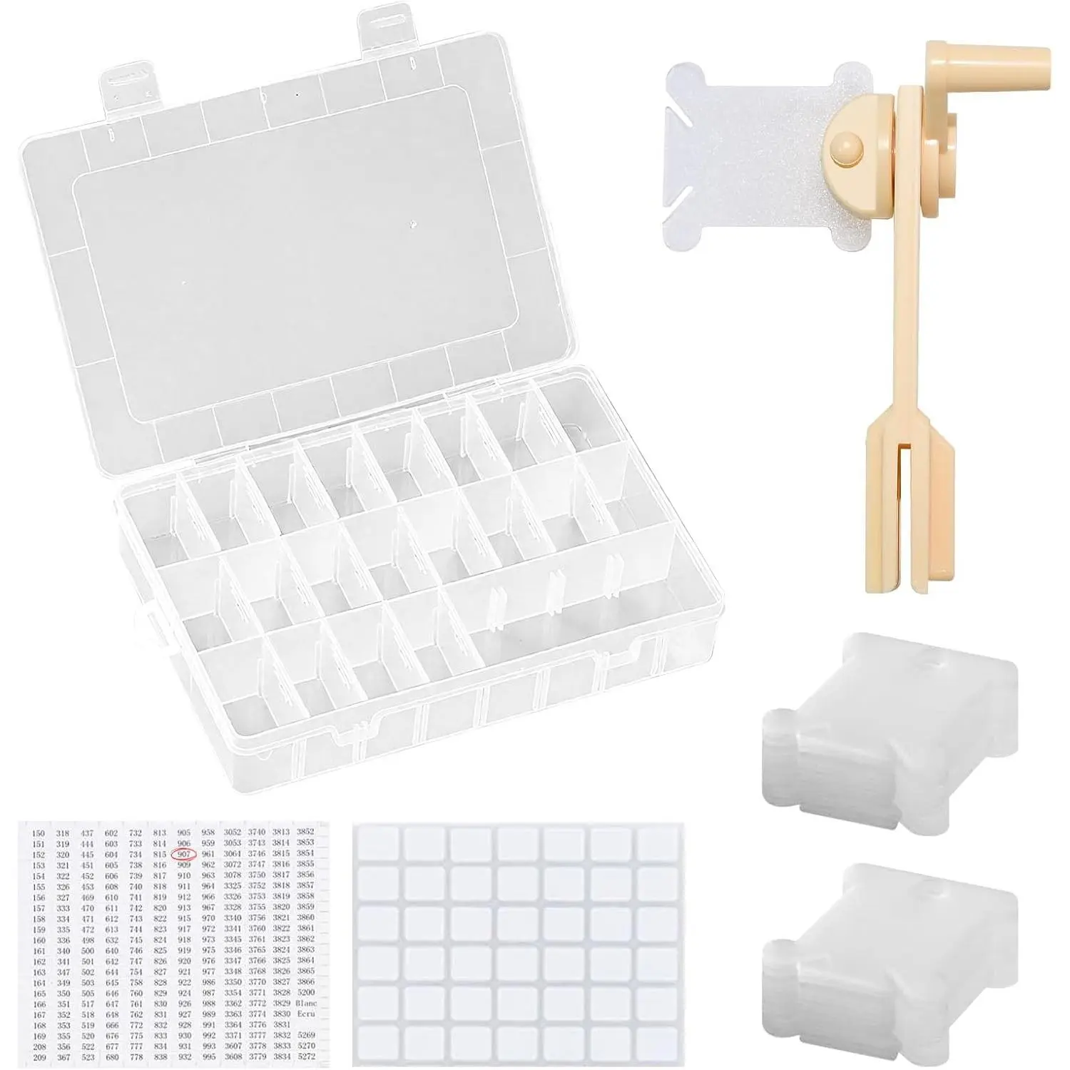Embroidery Floss Organizer with 24 Compartments - Cross Stitch Thread Storage Box Includes 100 Plastic Bobbins, Stickers, Bobbin Winder for DIY Sewing Crafts