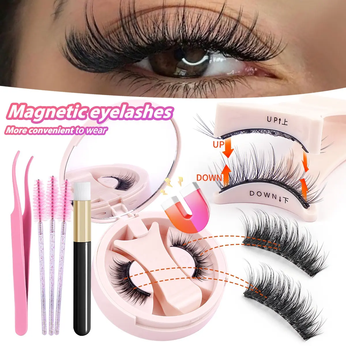 MAANGE Magnetic Eyelashes Full Kit, 1 Pair Reusable Magnetic False Lashes with Lash Applicator, Lash Tweezers, Facial Cleansing Brush & 3pcs Eyelash Brushes, Easy Wear No Glue Magnetic Lash Set for Natural Fluffy Eye Makeup for Daily Party