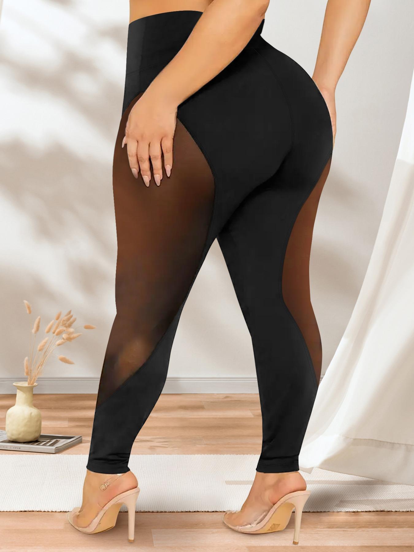 【Plus Size】Solid Color Contrast Mesh Leggings, Casual Comfy Breathable High Waist Skinny Pants for Yoga Gym Workout, Women's Bottoms for All Seasons
