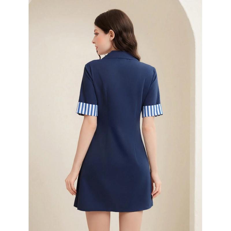 Long and stylized shirt dress with striped print for women, color-coordinated, striped, patchwork short-sleeve shirt dress, elegant, plaid color-block dress