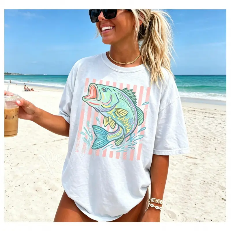 Unisex Loose-Fitting Round Neck Bass Fish Photo Print T-Shirt - Retro Preppy Striped Sporty Chic Fishing Top, Summer Coastal Aesthetic Beach Vacation Clothes, 2XL/3XL/4XL Sizes, Consult Size Chart, Digital Transfer