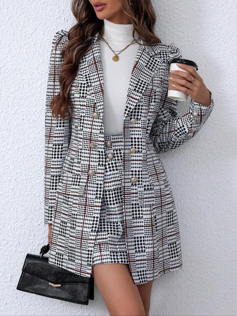 Two-Piece Set Women's Plaid Print Button Front Trendy Blazer & Pocket Skirt Set, Casual Lapel Neck Long Sleeve Outerwear & Short Skirt for Work Office Business, Ladies Spring & Fall Clothes