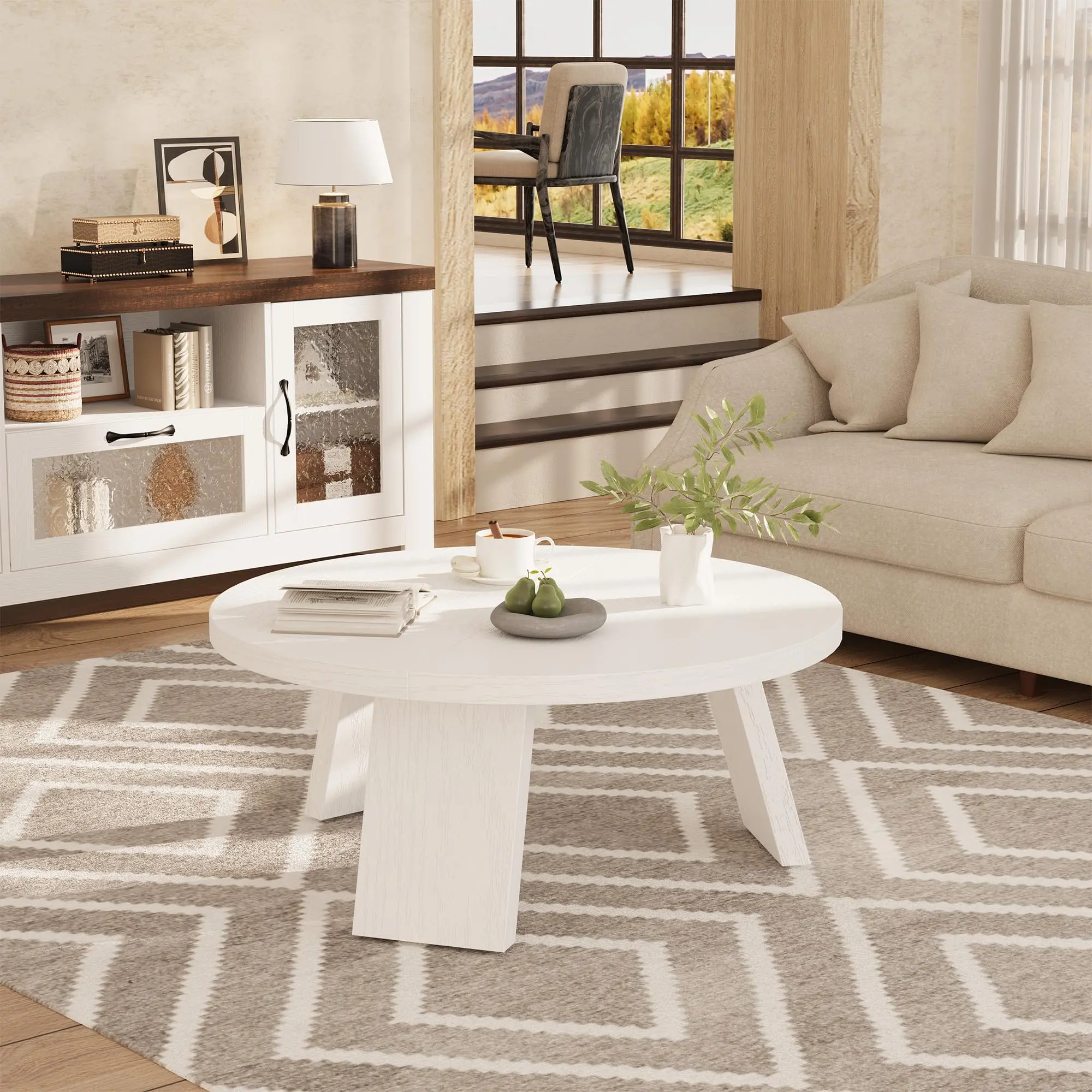 Modern Round Coffee Table with Inclined Legs – Wooden Circle Center Table for Living Room or Bedroom – Small Farmhouse Side Table – Easy Assembly