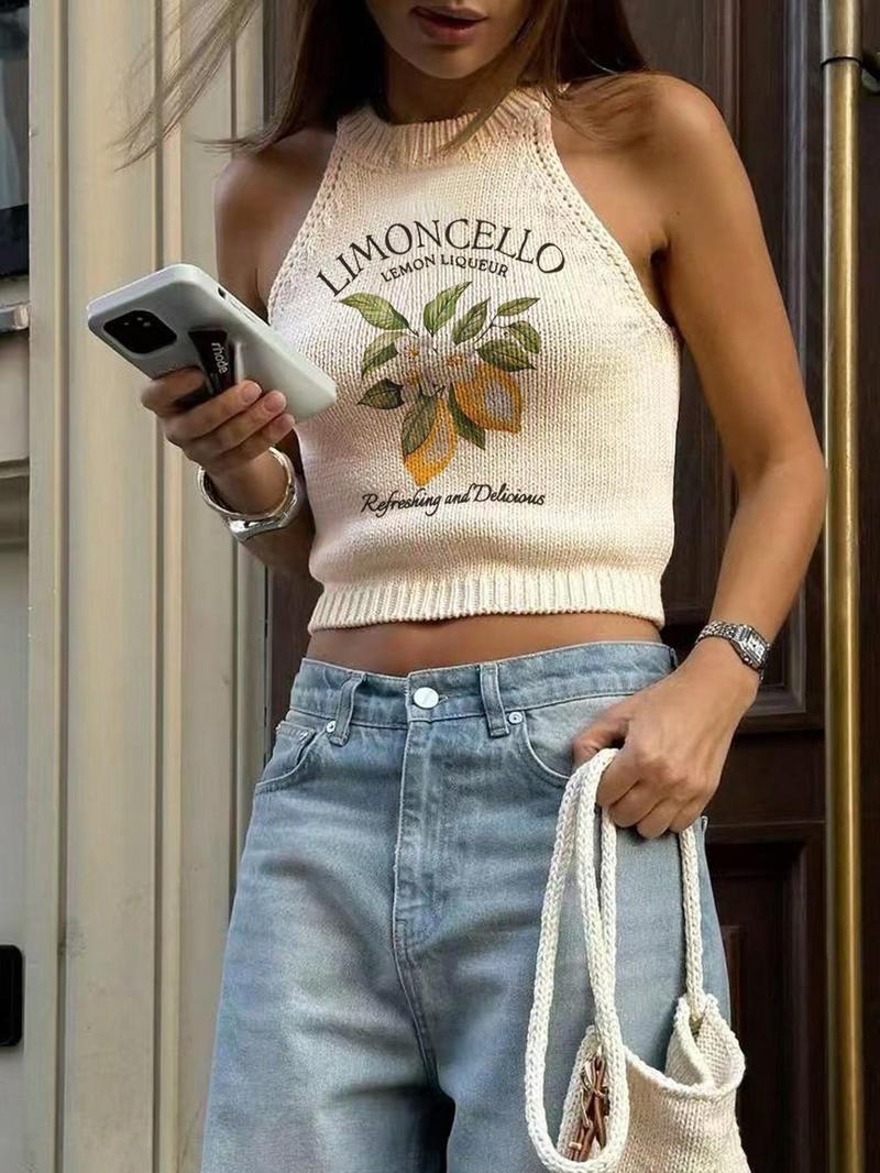 Women's Lemon Print Round Neck Crop Sweater Vest, Casual Sleeveless Knit Tank Top for Summer, Fashion Women's Knitwear for Daily Wear