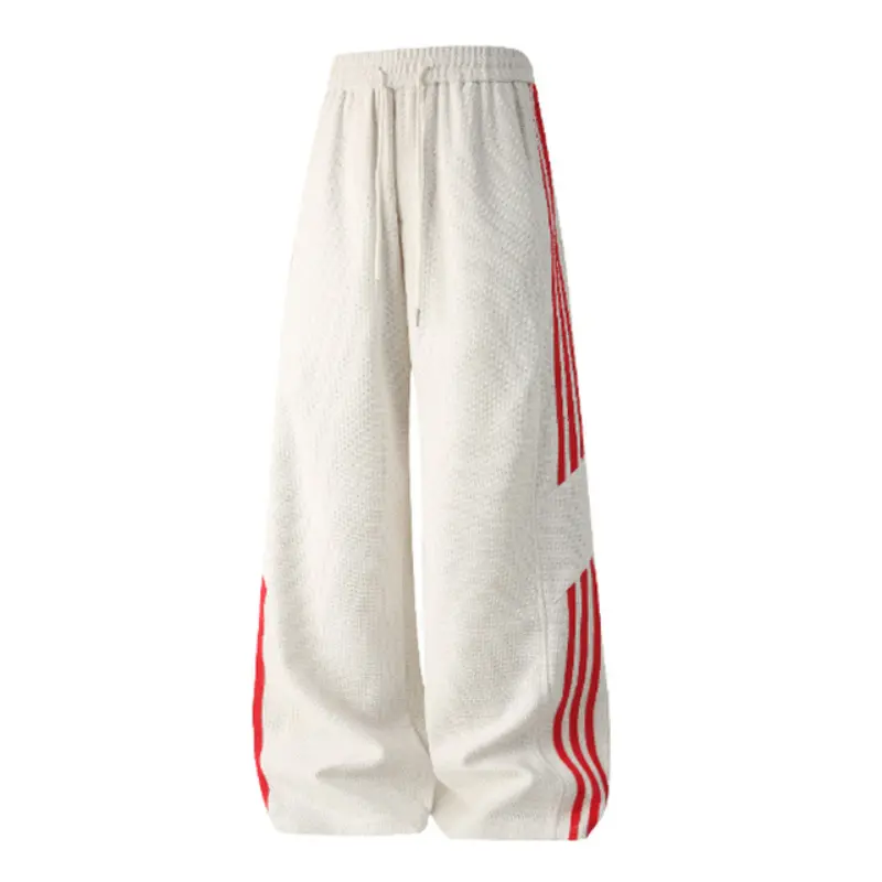 Men's Waffle Knit Side-Striped Wide Leg Polyester Sweatpants - Elastic Drawstring Waistband, Loose Full-Length Silhouette, Breathable Textured Fabric, Retro Streetwear Casual Trousers#SummerWins, Polyester Clothes