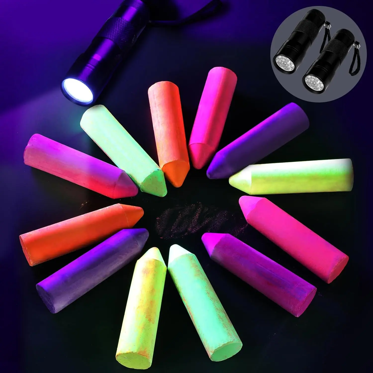 14-Piece Dustless Chalk Set, Neon Writing Dust-Free Chalk with UV Flashlight, Glowing Colors, Washable for Black Light Party & Chalkboard Playground, Office Stationery Writing Tool