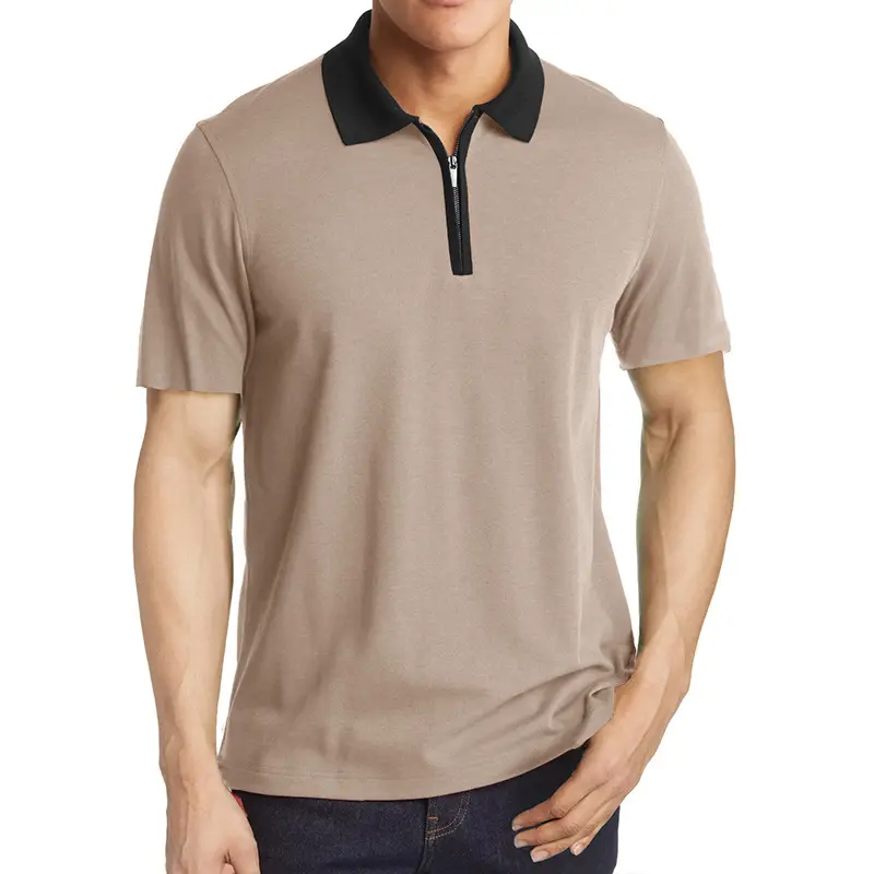 Men's Casual Quarter-Zip Polo Shirt, a Short-Sleeve Solid Color Pullover Top with a Contrast Collar for Daily Wear Menswear Beige, Zippered Neck,back to school,back to school haul
