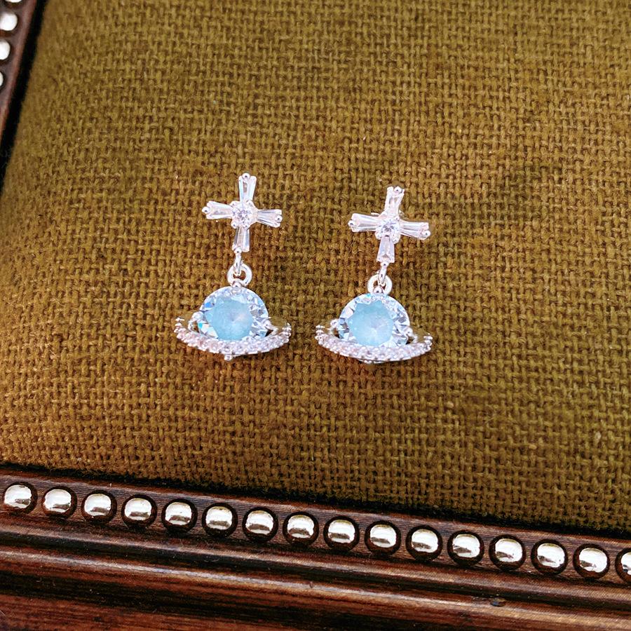 925 Silver Needle Cross Saturn Earrings | Minimalist Cool Style Zircon Planet Earrings Luxury Jewelry