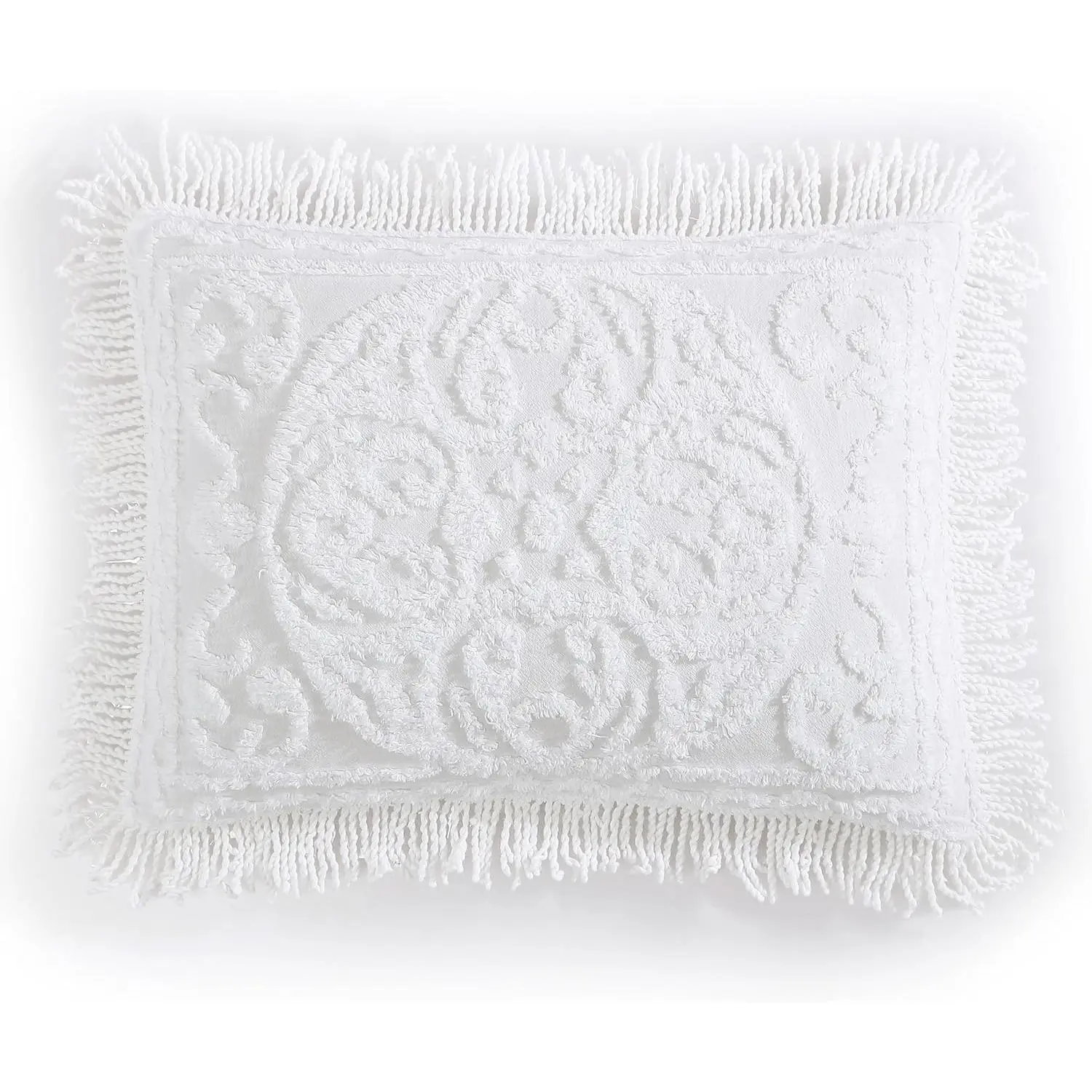 Standard Size 100% Cotton Chenille Pillow Sham - White Vintage Tufted, Lightweight, Soft, Cozy Plush, Fringed Hem, Medallion Design, Single