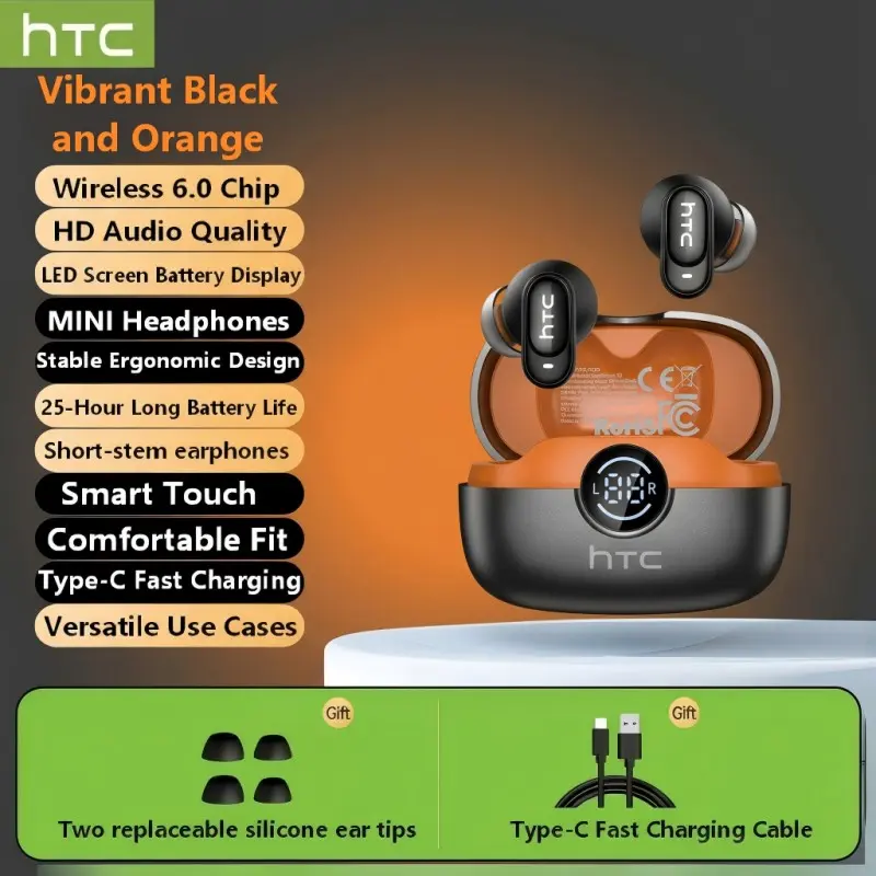 HTC NE79 TWS Bluetooth 6.0 Earbuds, Waterproof In-Ear Headphones with Mic for Sport Office Study & Calls