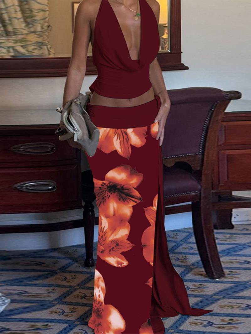 Women's Backless Halter Top & Floral Print Skirt Two-piece Set, Sleeveless Top & Skirt Set, Ladies Summer Clothes Beach Outfits Set for Beach Holiday Vacation