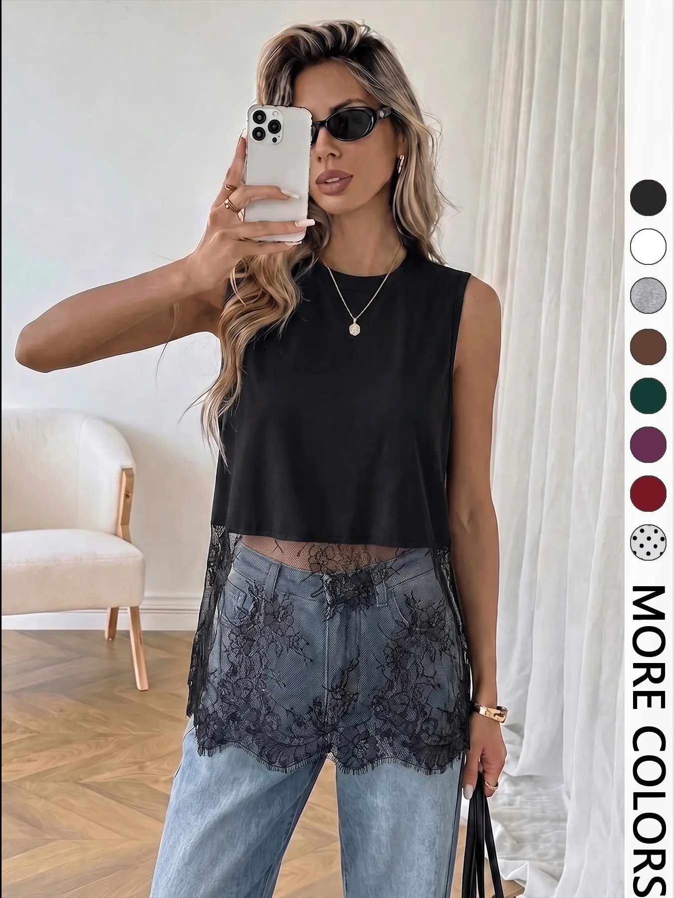 1pc Black Loose Sleeveless Blouse, Casual Sheer Lace Panel Design with Flowy Hem for Daily Outfits Tops, Summer Vibes Tops