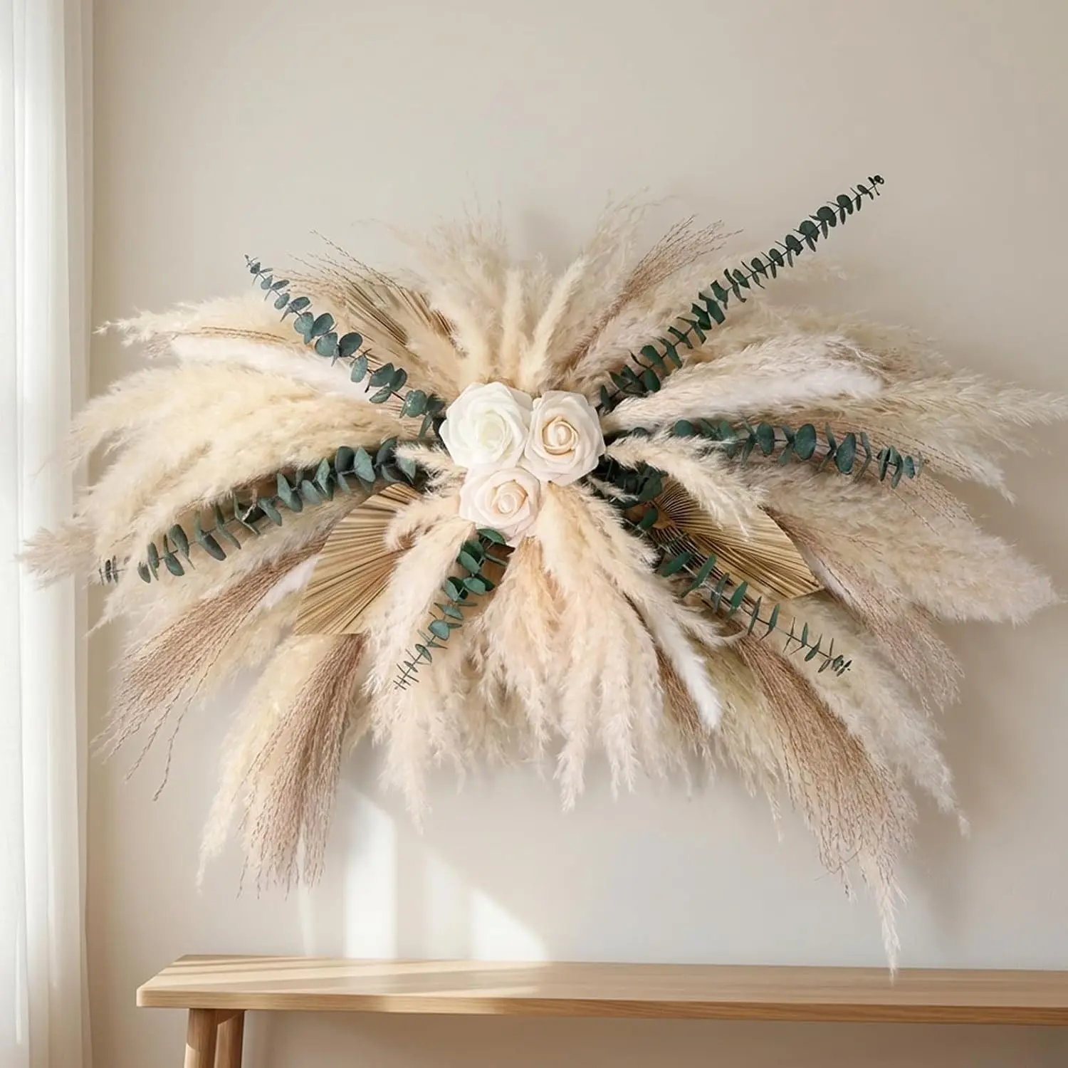 36-38in Decorative Minimalist Palm Pampas-Eucalyptus Bouquet, DIY Artificial Roses & Natural Dried Boho Hanging Flowers for Room Decor, Gift, Requires Assembly & Easy Install, Ornaments