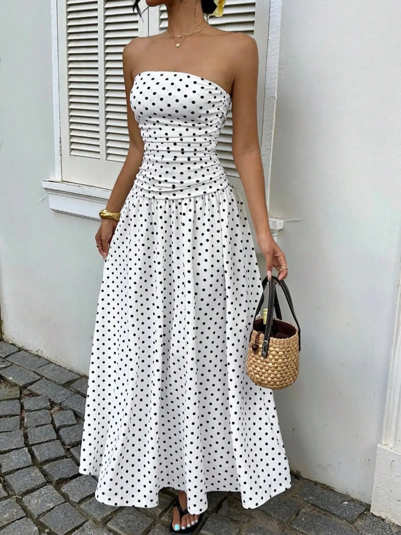 Women's Polka Dot Sleeveless Long Dress, Elegant Summer Tea Party Gown, Wedding Guest Dress, Birthday Dress, Various Occasions