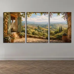 Tuscan Countryside View Triptych Wall Art - Mediterranean Landscape Print, Vintage Rustic Home Decor, Unframed Poster or Framed Wrap for Living Room, Bedroom