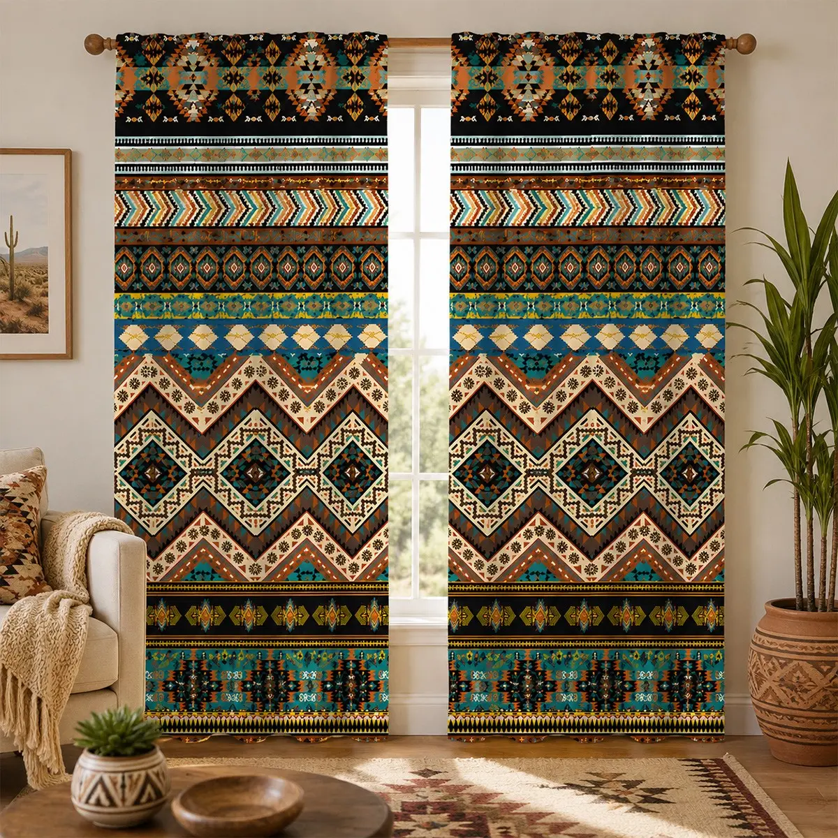 Retro Aztec geometric stripe print semi-transparent two-piece curtain, 90g polyester fiber, Bohemian ethnic style living room/bedroom rod decorative curtain.