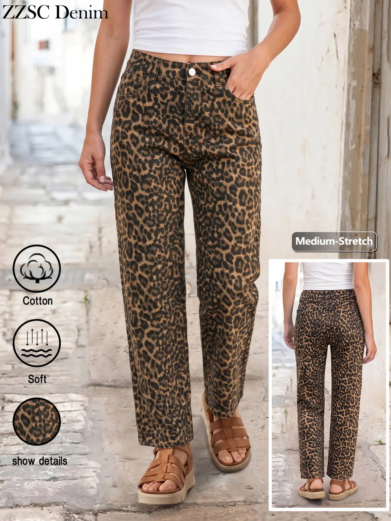 Women's Vintage Leopard Print High Waist Stretch Straight Leg Jeans, Slim Fit Skinny Streetwear Casual Long Pants