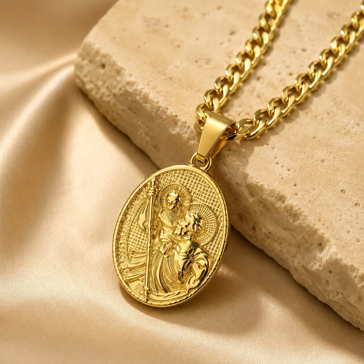 Men's St. Christopher Stainless Steel Alloy Medal Pendant Necklace - Cuban Chain & Link, Gold, Silver, Casual Daily Wear, Birthday Gift Protection Fashion Jewelry