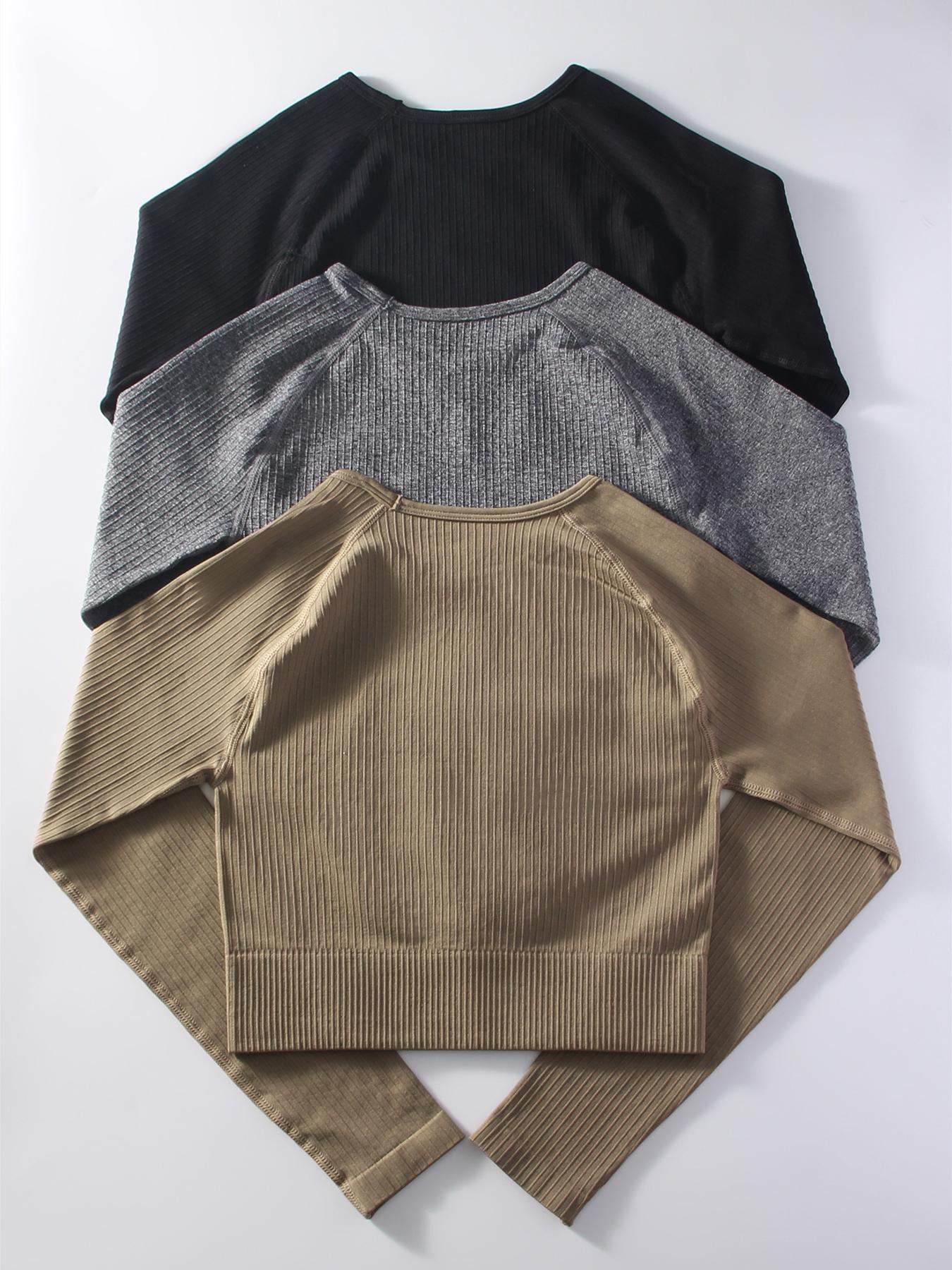 Plain Raglan Sleeve Crop Sports Tee, Casual Round Neck Long Sleeve T-Shirt for Gym Running Training, Women Sport & Outdoor Clothing for Fall & Winter