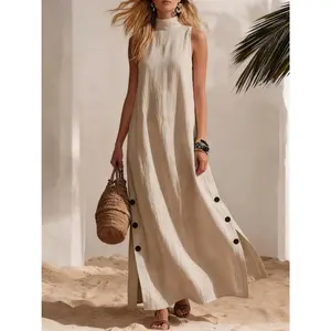 Sleeveless Mock Neck Linen Blend Pullover Maxi Dress, Side Button Slit Loose Vacation Dress