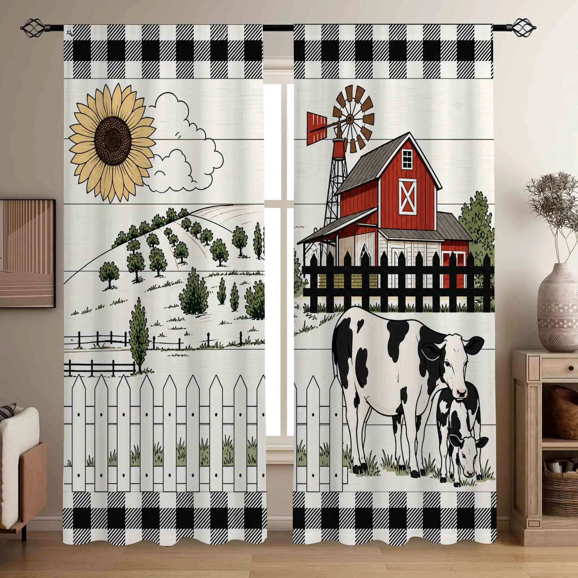 Rustic Style Curtain Set, Window Curtain Panels, 2 Panels Semi-Transparent Polyester Curtains, Rod Pocket Design, Ideal for Living Room, Kitchen, Bedroom Decor