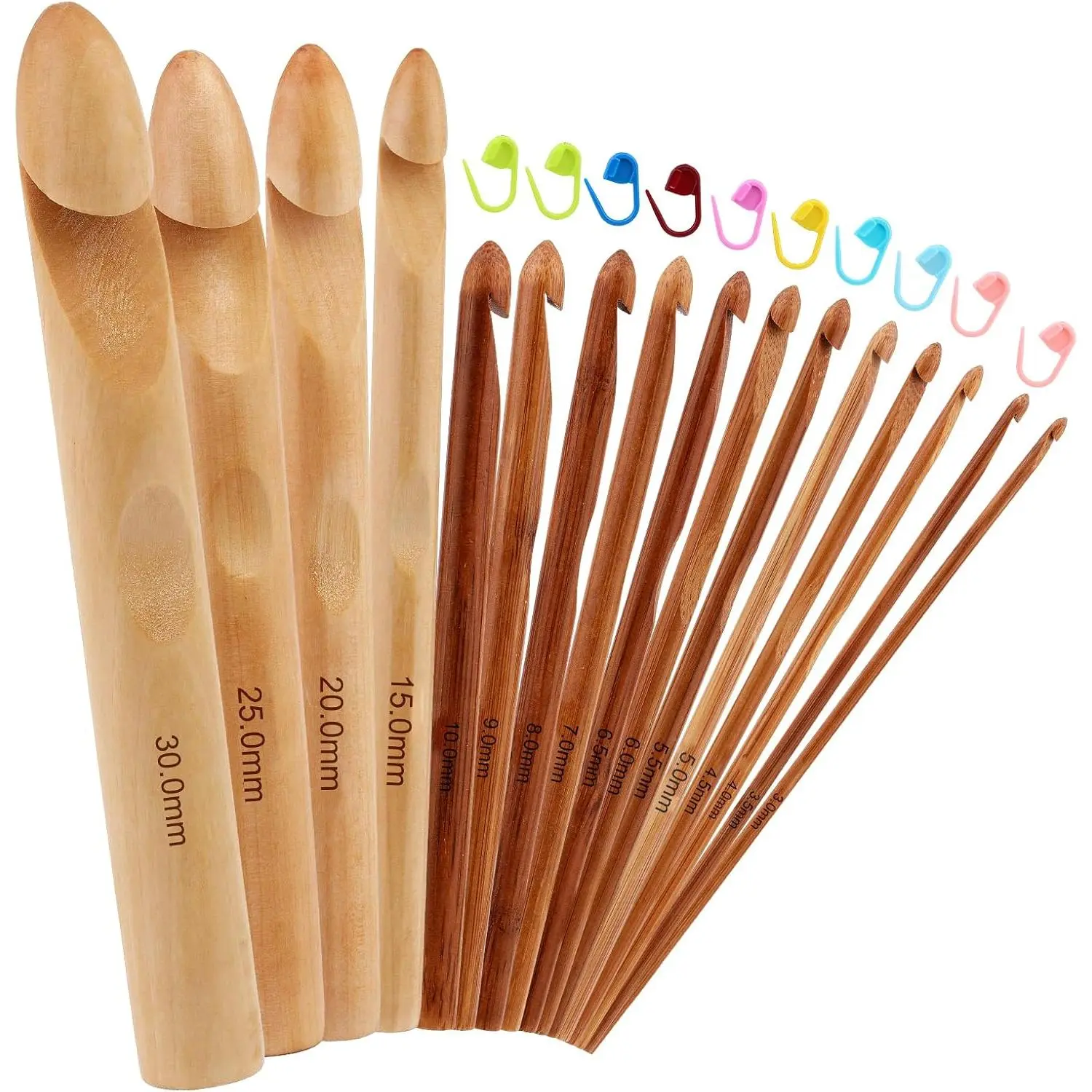 16 count Wooden Crochet Hooks, 3 to 30 mm in Diameters Handle Crochet Hook Knitting Crochet  with 10 count Knitting  Markers for  Crocheting