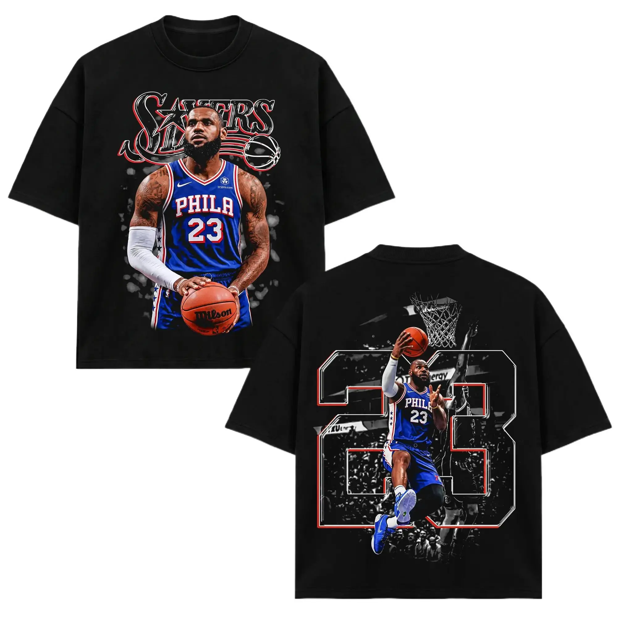 Unisex LeBron James#23 T-Shirt, PHI Basketball Sixers Tee, PHI Number 23 Slam Merch, Dunk Action Back Print Graphic Apparel, Basketball Retro 90s Bootleg Sports Wear, Basketball Fan Heritage Gift, Men Women Heavyweight Oversized Black Clothing