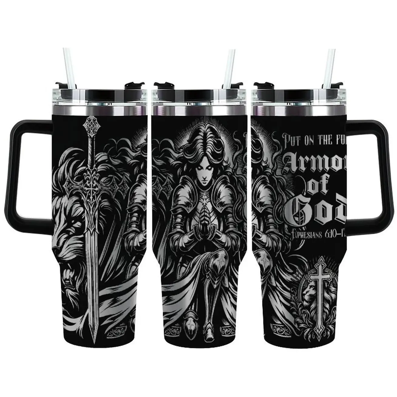 Armor of God Tumbler for Christian Men, Prayer Warrior Cup Featuring Lion and Warrior Artwork, Spiritual Warfare Christian Gift for Dad, Husband, Pastor or Man of Faith