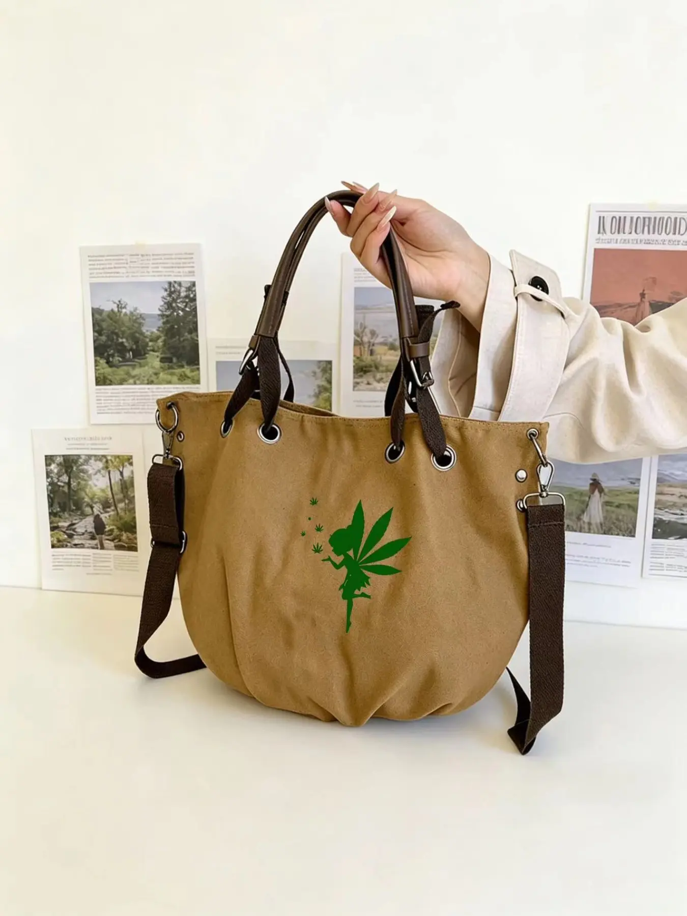 Dreamy Fairy Shadow Print Tote Bag, Canvas Shoulder Bag with Leather Handle, Adjustable Strap, Casual Style for All Seasons