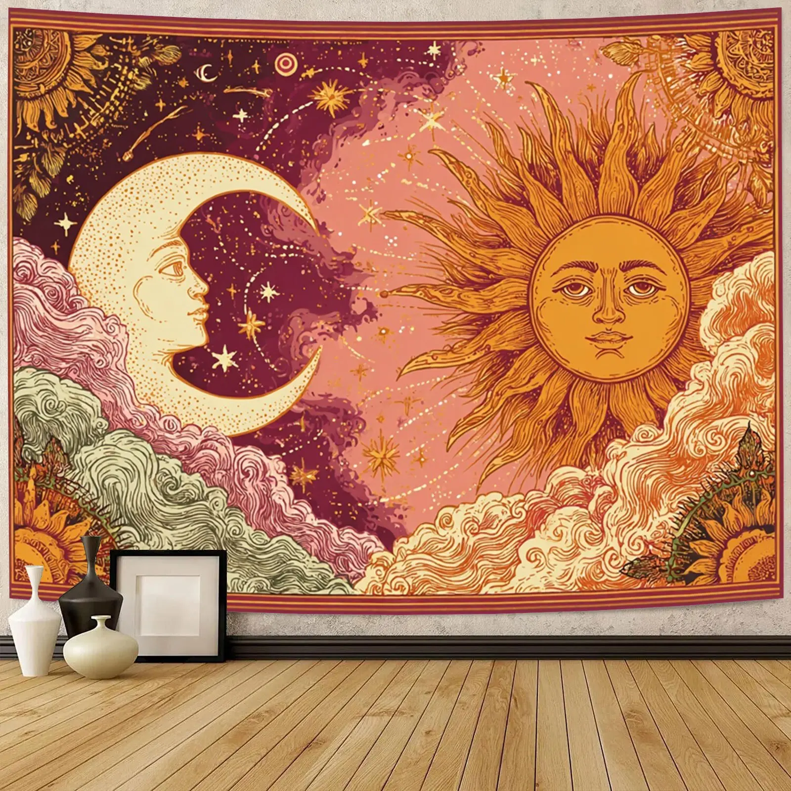 Sun Moon Tapestry Wall Art - Retro Bohemian Starry Fantasy Print Celestial Home Supplies, Smooth Lightweight Wrinkle-Resistant Anti-Pilling Wall Hanging for Living Room, Bedroom