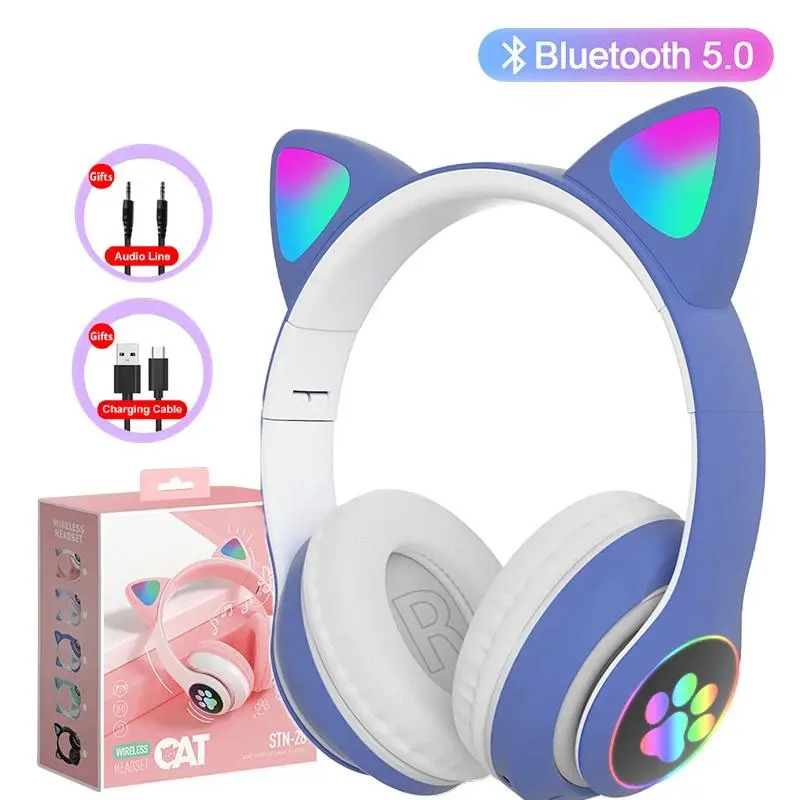 Flash Lamp Cute Cat Ears Headphone Bluetooth5.0 Stereo With Mic Support TF Card Wireless Kids Girl Earphone Birthday Gift soft earpads Bluetooth