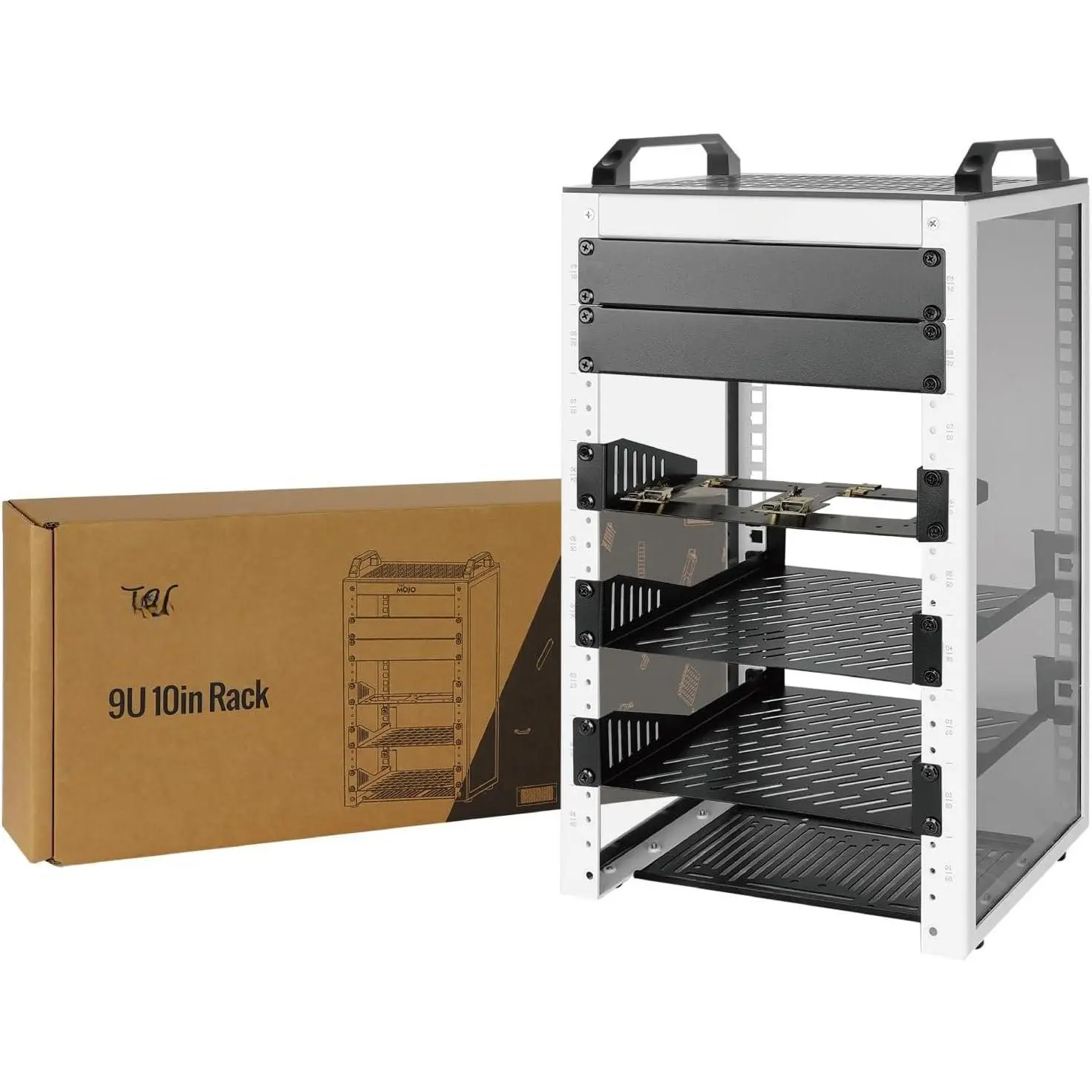 9U Network Rack, 10 inch Mini Server Rack with 2 Side Translucent Panels & 2 Top Handles, 7.87 inch Deep, for 10 inch IT Equipment & A/V Devices, White