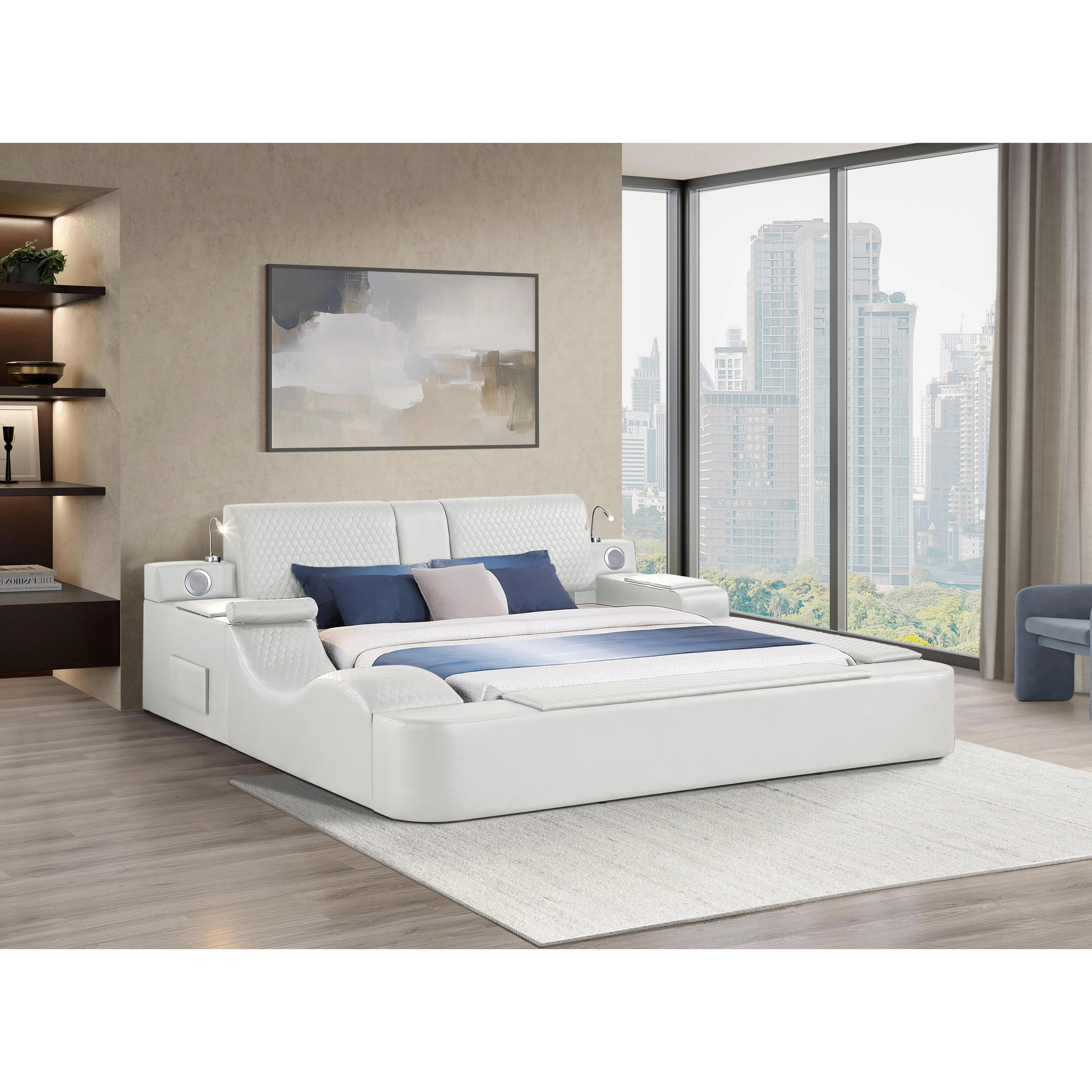 Nokaa Queen Size Smart Multifunctional Bed Frame with Massage, Bluetooth Speakers, USB Charging, Jewelry Storage, Side Drawers, Wood & Faux upholstered, Beige, No Box Spring Needed, Contemporary Modern Bedroom Slat Bed