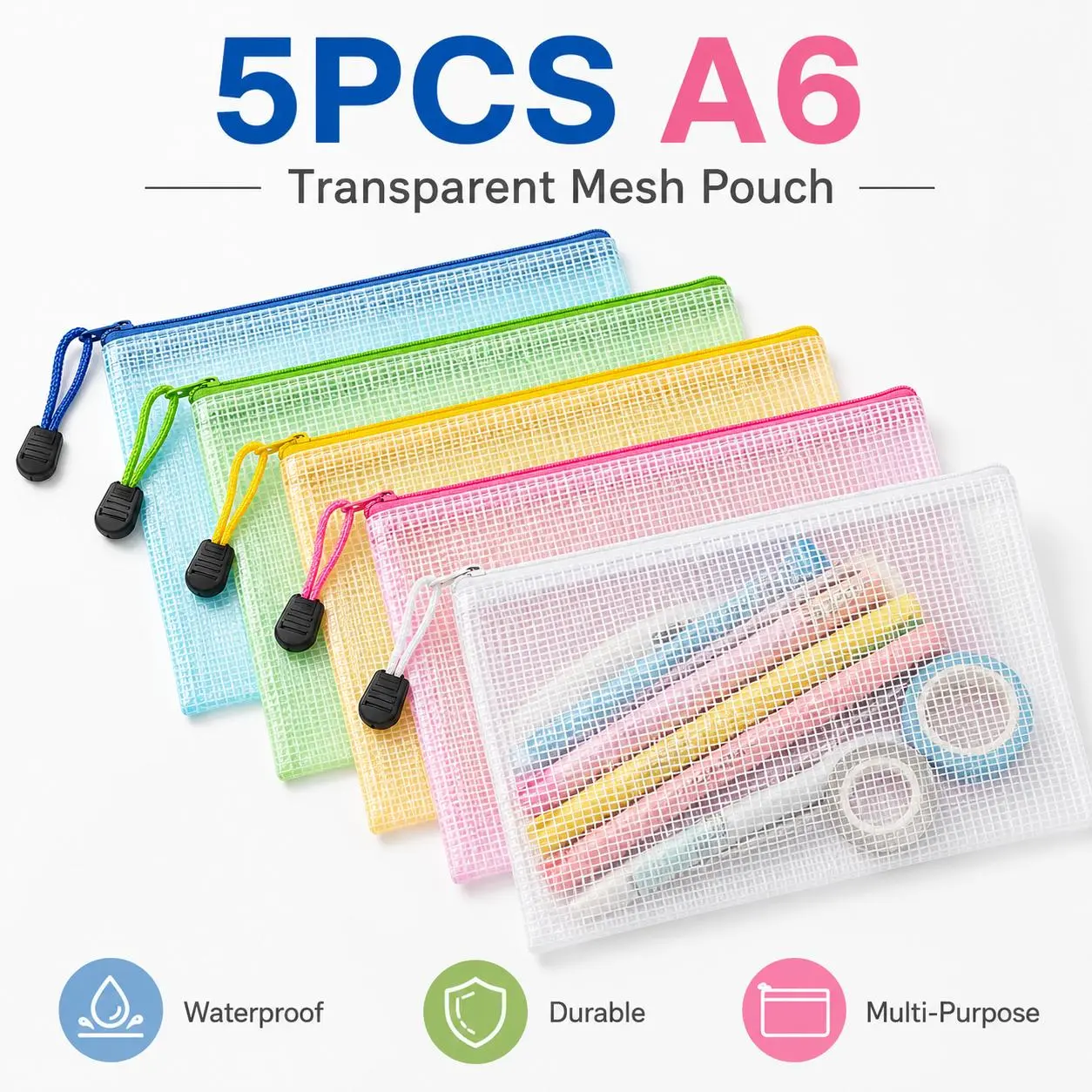 5-Pack A6 Clear Mesh Zipper Pouches, Waterproof Document & Stationery Organizer Bags for School Supplies, Office Files, Receipts, Cosmetics and Travel Essentials